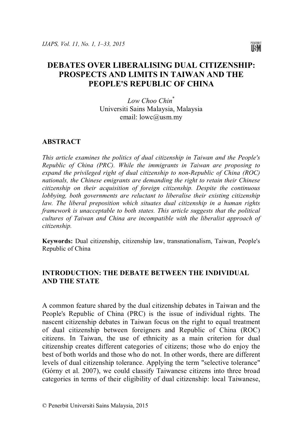 Debates Over Liberalising Dual Citizenship: Prospects and Limits in Taiwan and the People's Republic of China