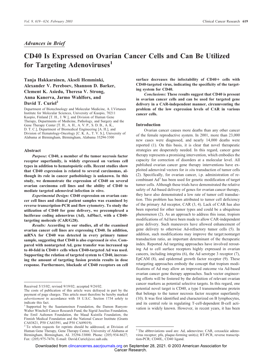 CD40 Is Expressed on Ovarian Cancer Cells and Can Be Utilized for Targeting Adenoviruses1