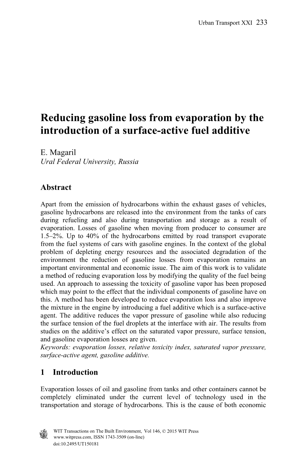 Reducing Gasoline Loss from Evaporation by the Introduction of a Surface-Active Fuel Additive