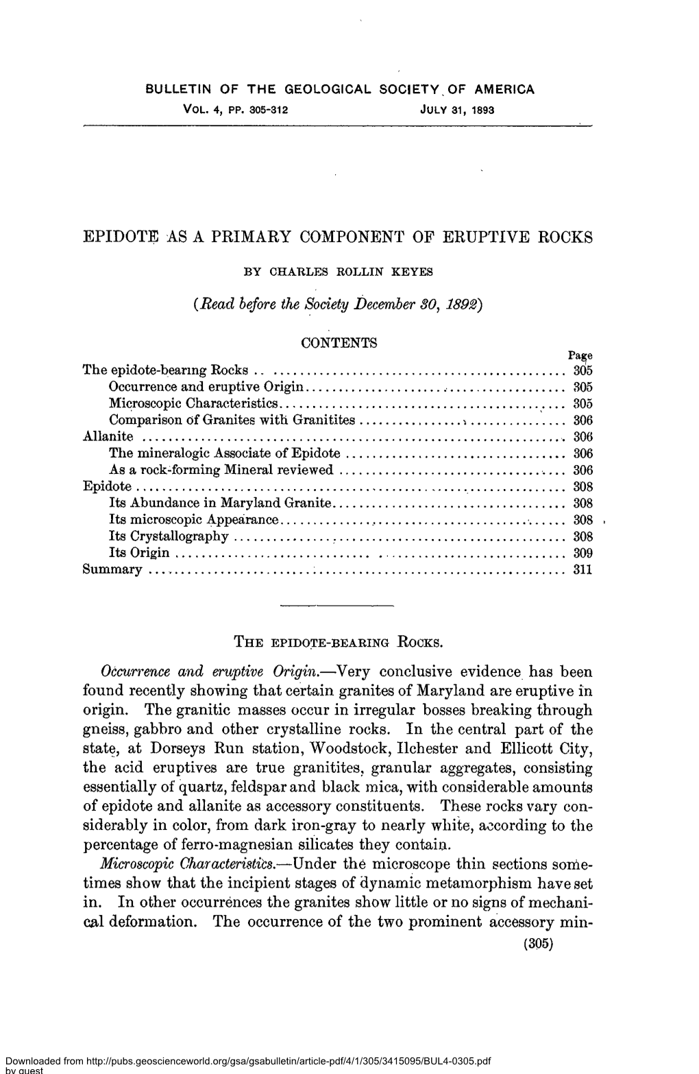 Epidote As a Primary Component Op Eruptive Rocks