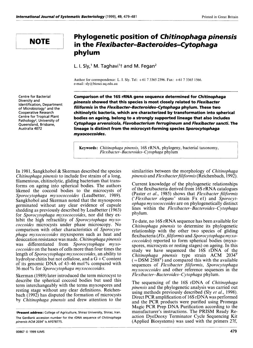 Phylogenetic Position of Chitinophaga Pinensis Phylum in the Flexibacter