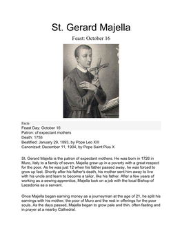 St. Gerard Majella Feast: October 16