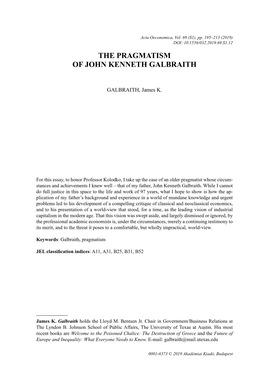 The Pragmatism of John Kenneth Galbraith