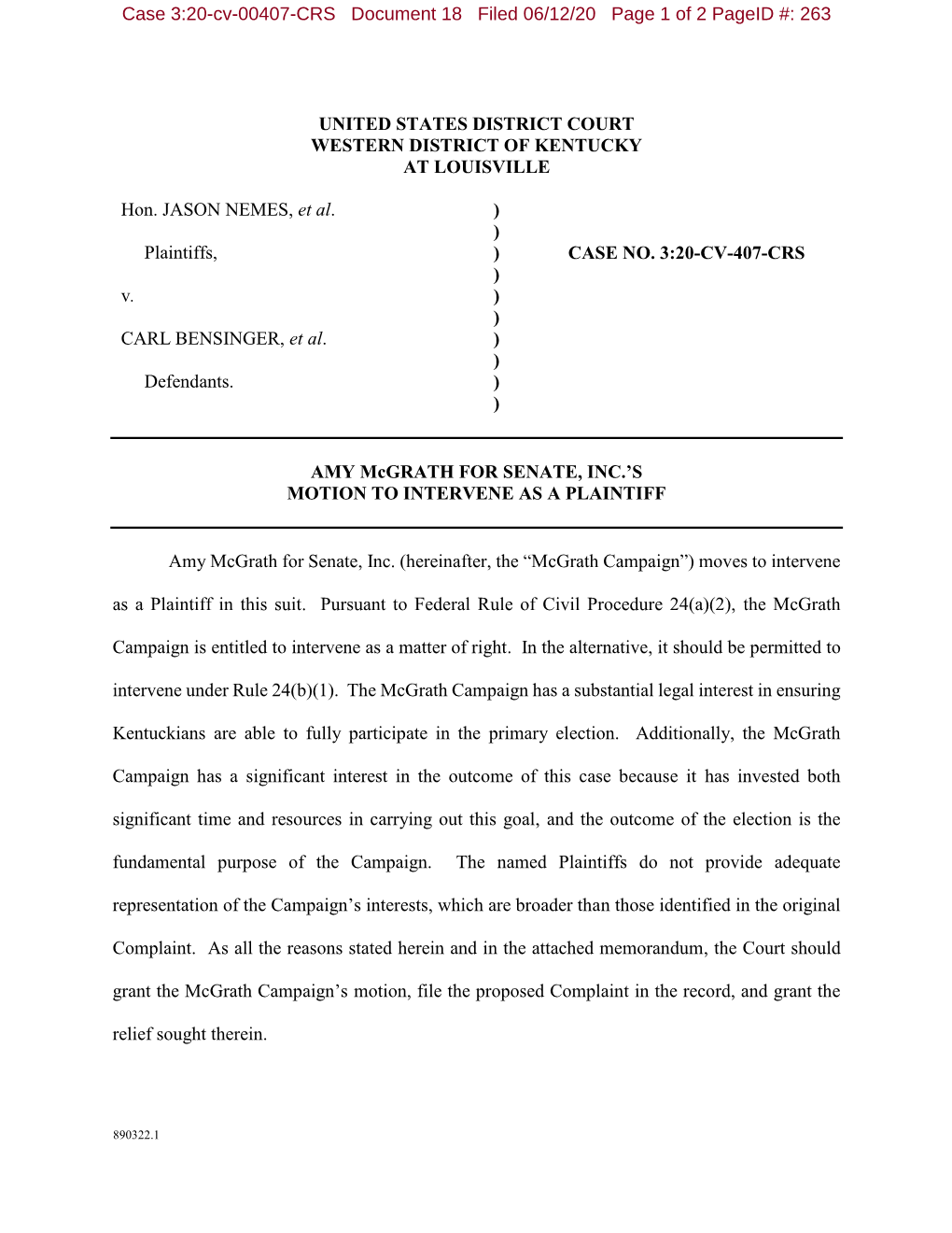 Case 3:20-Cv-00407-CRS Document 18 Filed 06/12/20 Page 1 of 2 Pageid #: 263