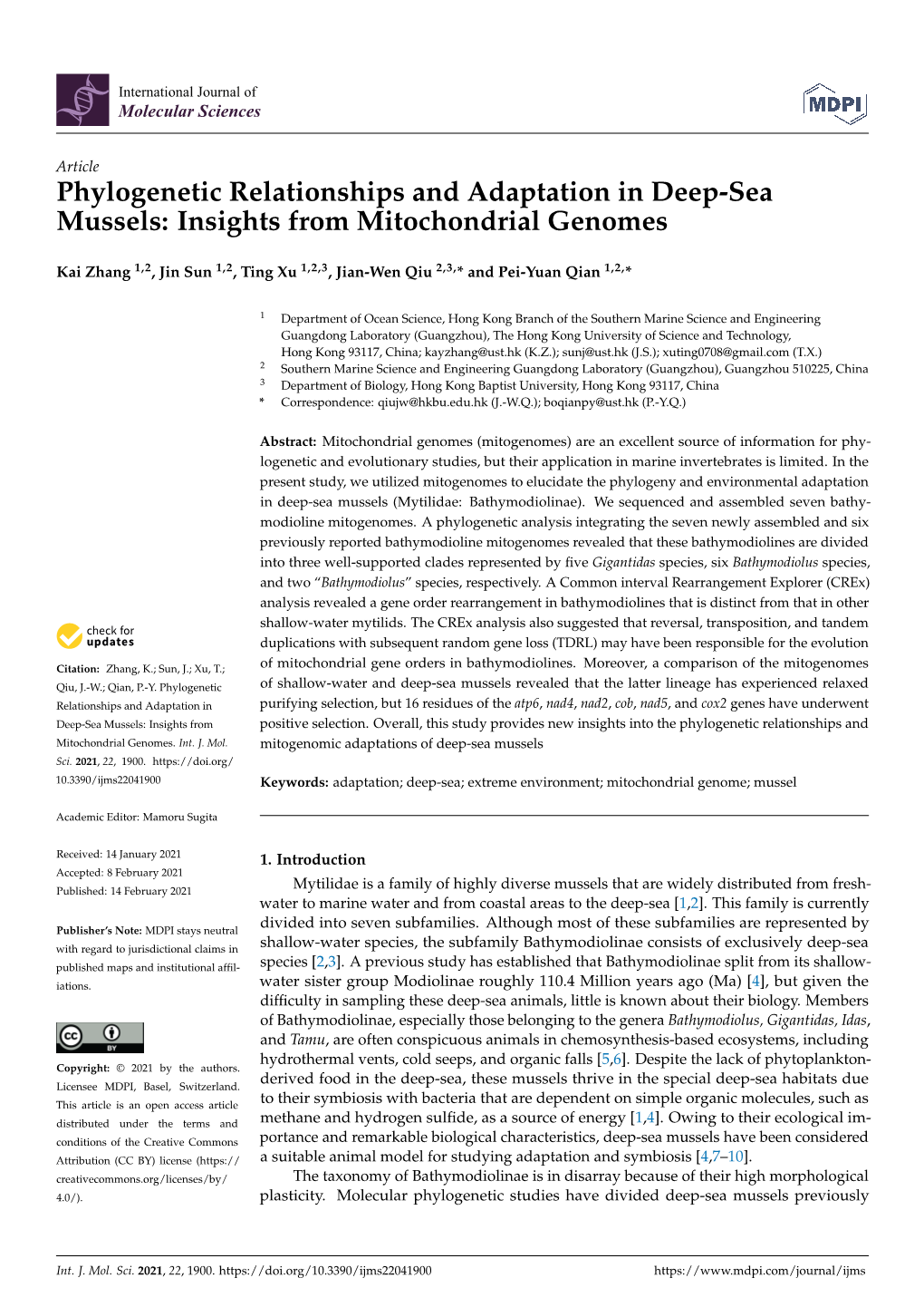 Phylogenetic Relationships and Adaptation in Deep-Sea Mussels: Insights from Mitochondrial Genomes