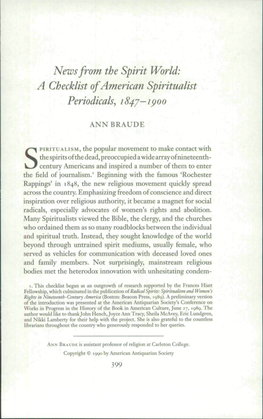 News from the Spirit World: a Checklist of American Spiritualist Periodicals^
