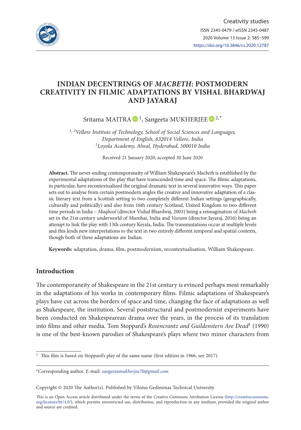 Indian Decentrings of Macbeth: Postmodern Creativity in Filmic Adaptations by Vishal Bhardwaj and Jayaraj