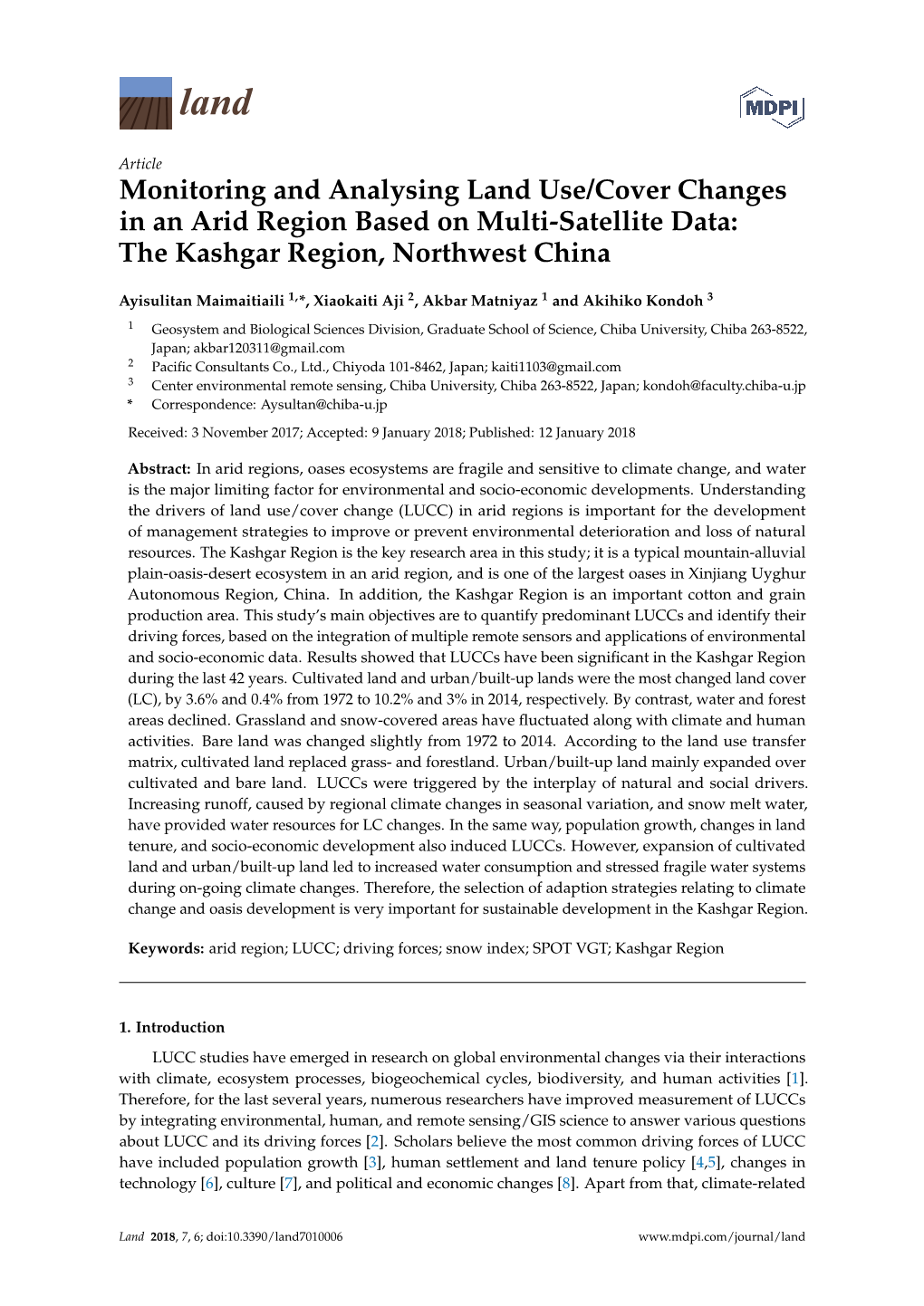 Monitoring and Analysing Land Use/Cover Changes in an Arid Region Based on Multi-Satellite Data: the Kashgar Region, Northwest China