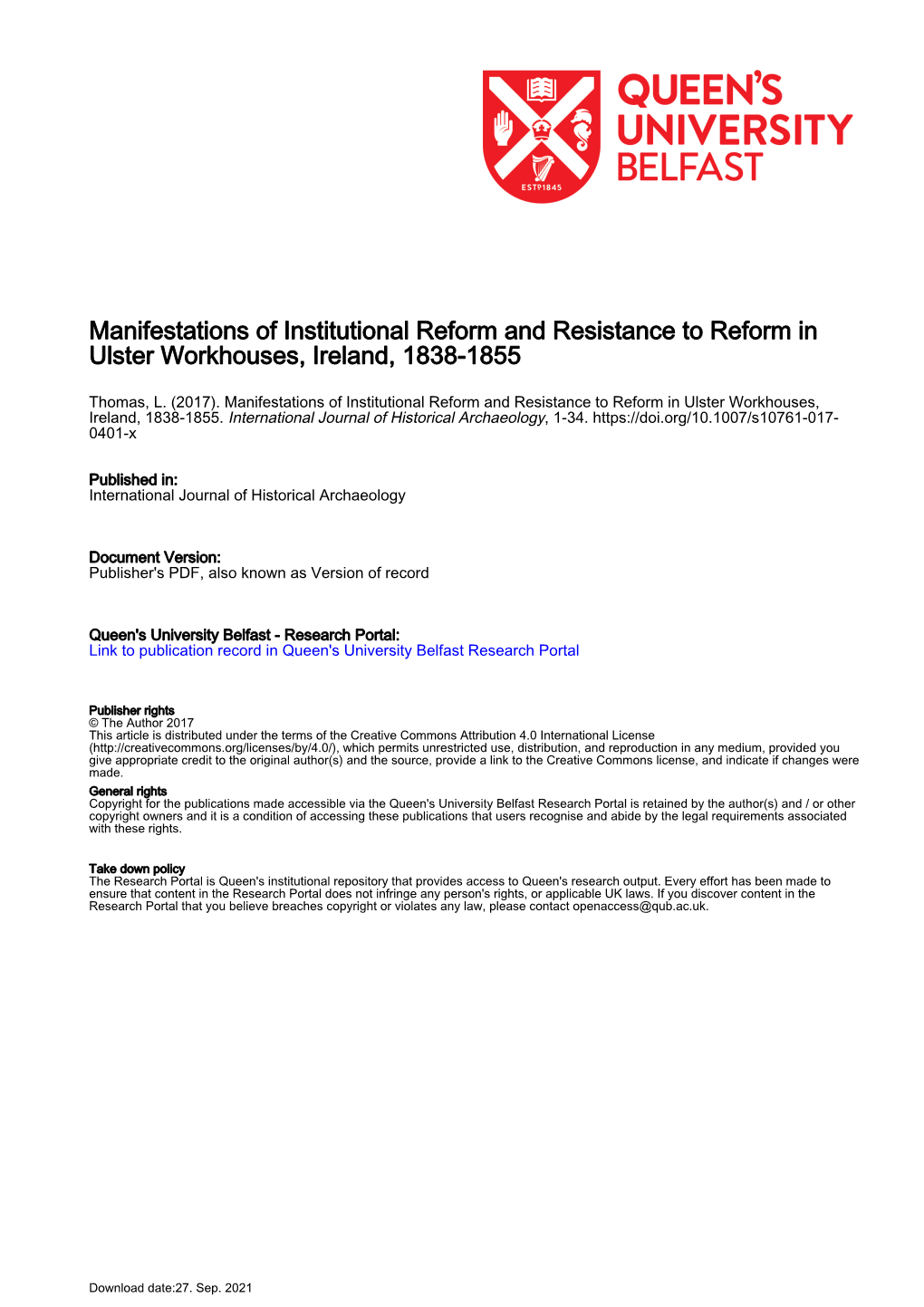 Manifestations of Institutional Reform and Resistance to Reform in Ulster Workhouses, Ireland, 1838-1855