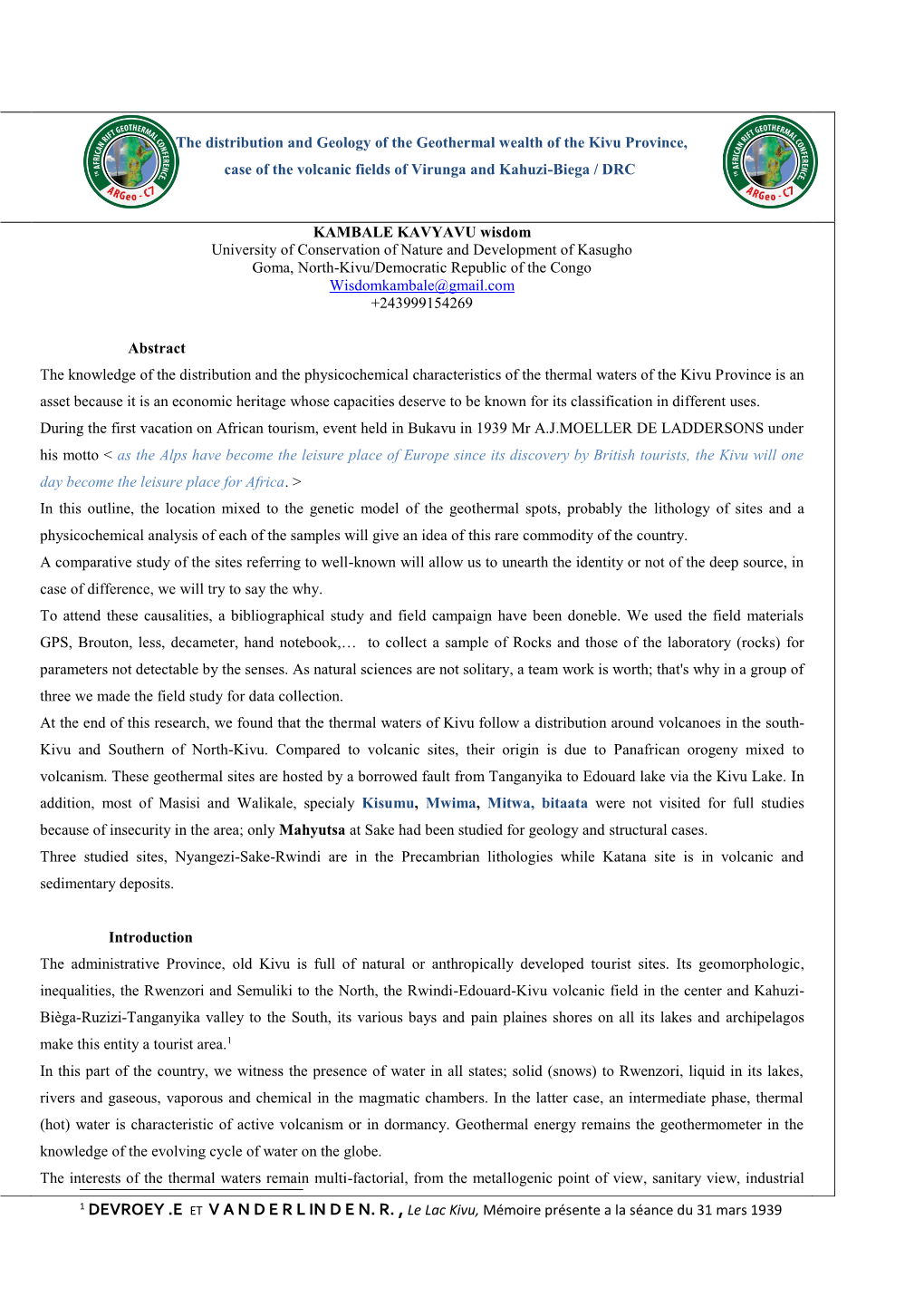 The Distribution and Geology of the Geothermal Wealth of the Kivu Province, Case of the Volcanic Fields of Virunga and Kahuzi-Biega / DRC