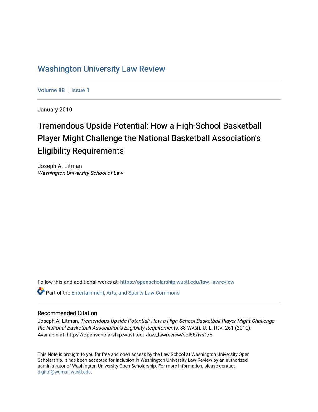 Tremendous Upside Potential: How a High-School Basketball Player Might Challenge the National Basketball Association's Eligibility Requirements