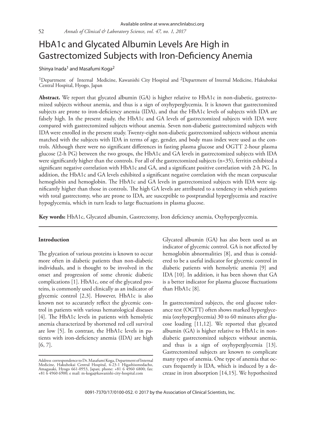 Hba1c and Glycated Albumin Levels Are High in Gastrectomized Subjects with Iron-Deficiency Anemia