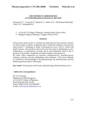 Pharmacologyonline 2: 272-286 (2008) Newsletter Potawale Et Al