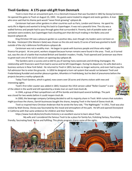 Tivoli Gardens: a 175‐Year‐Old Gift from Denmark Tivoli Is More Than an Amusement Park, It Is a Denmark Treasure That Was Founded in 1842 by Georg Carstensen