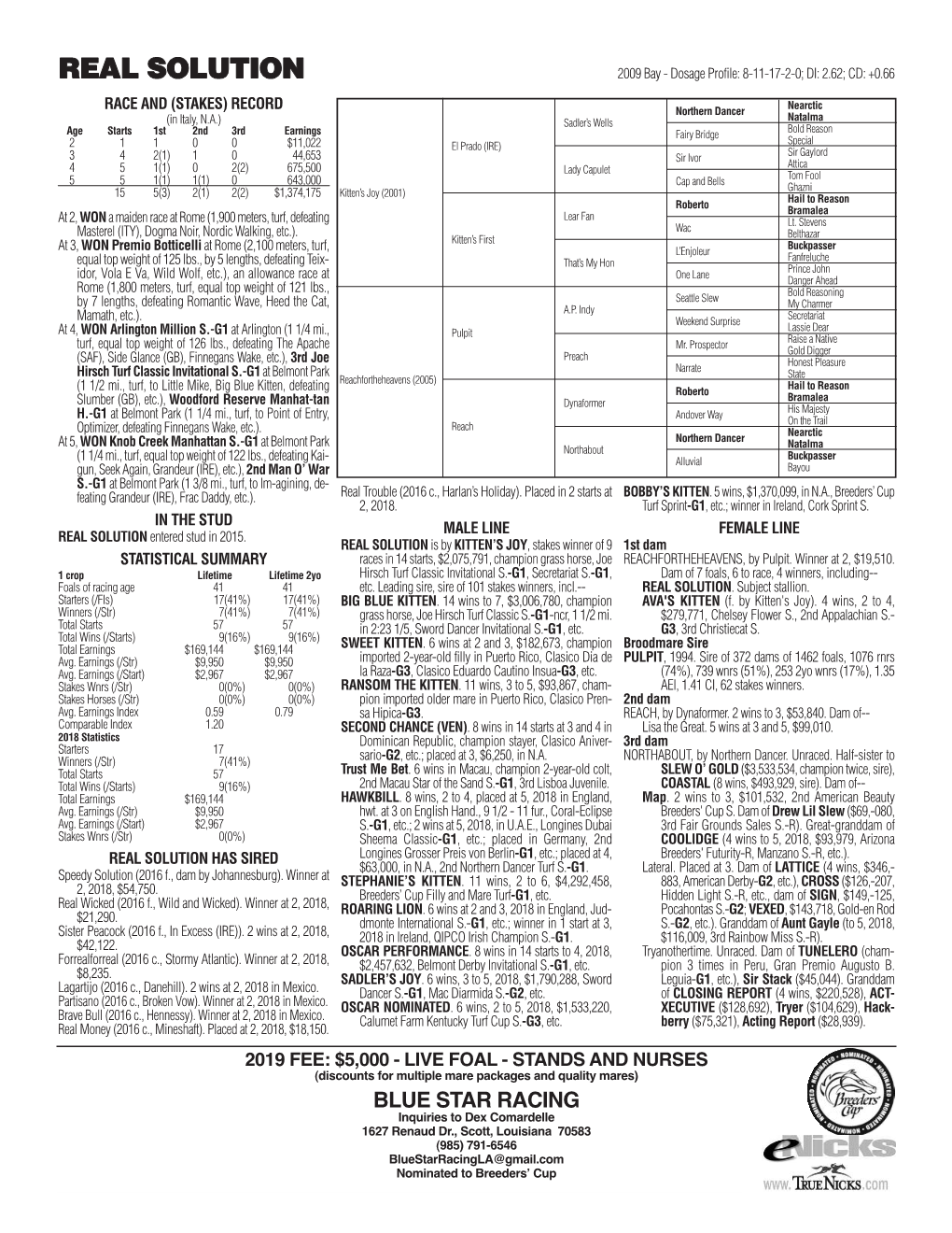 REAL SOLUTION 2009 Bay - Dosage Profile: 8-11-17-2-0; DI: 2.62; CD: +0.66