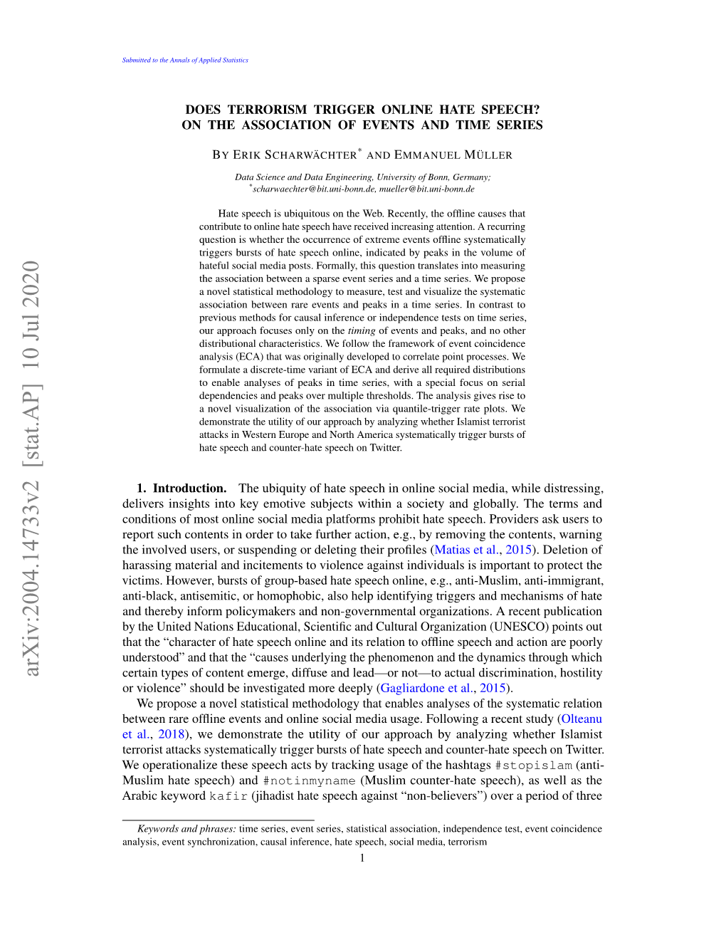 Does Terrorism Trigger Online Hate Speech? on the Association of Events and Time Series