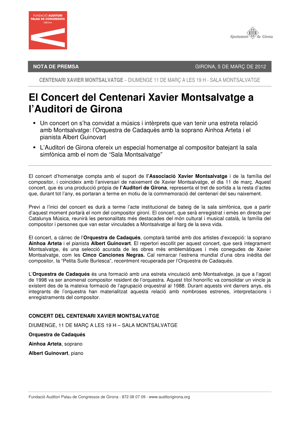 El Concert Del Centenari Xavier Montsalvatge a L'auditori De Girona