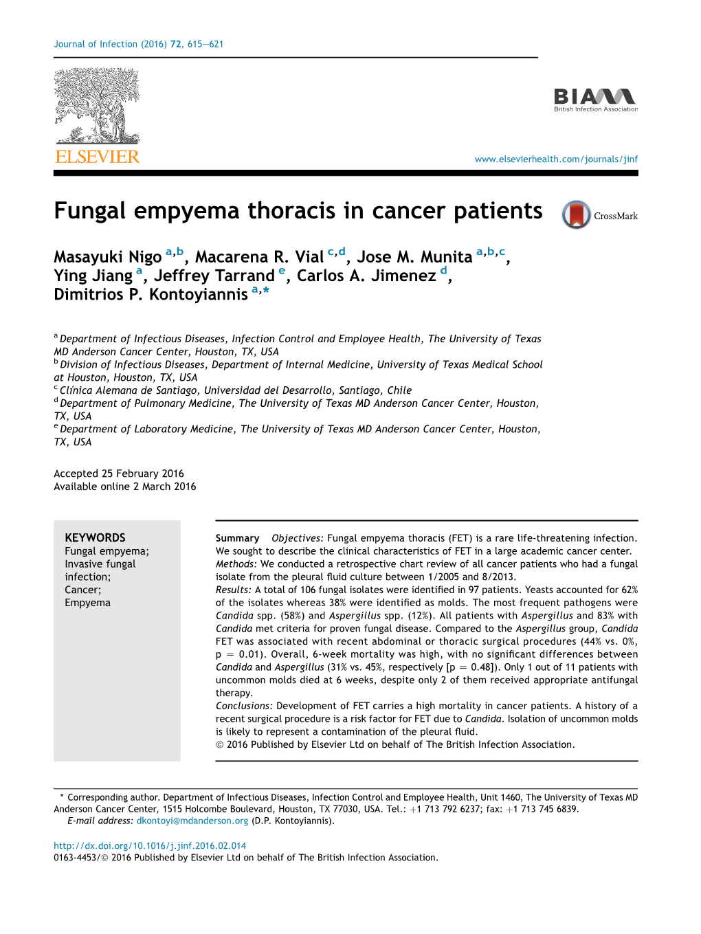 Fungal Empyema Thoracis in Cancer Patients