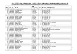 List of Candidates Whose Applications Have Been Rejected Provisionally
