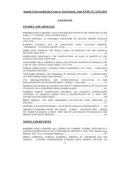 Analele Universităţii Din Craiova, Seria Istorie, Anul XVIII, Nr. 1(23)/2013 3 CONTENTS STUDIES and ARTICLES NOTES and REVIEWS