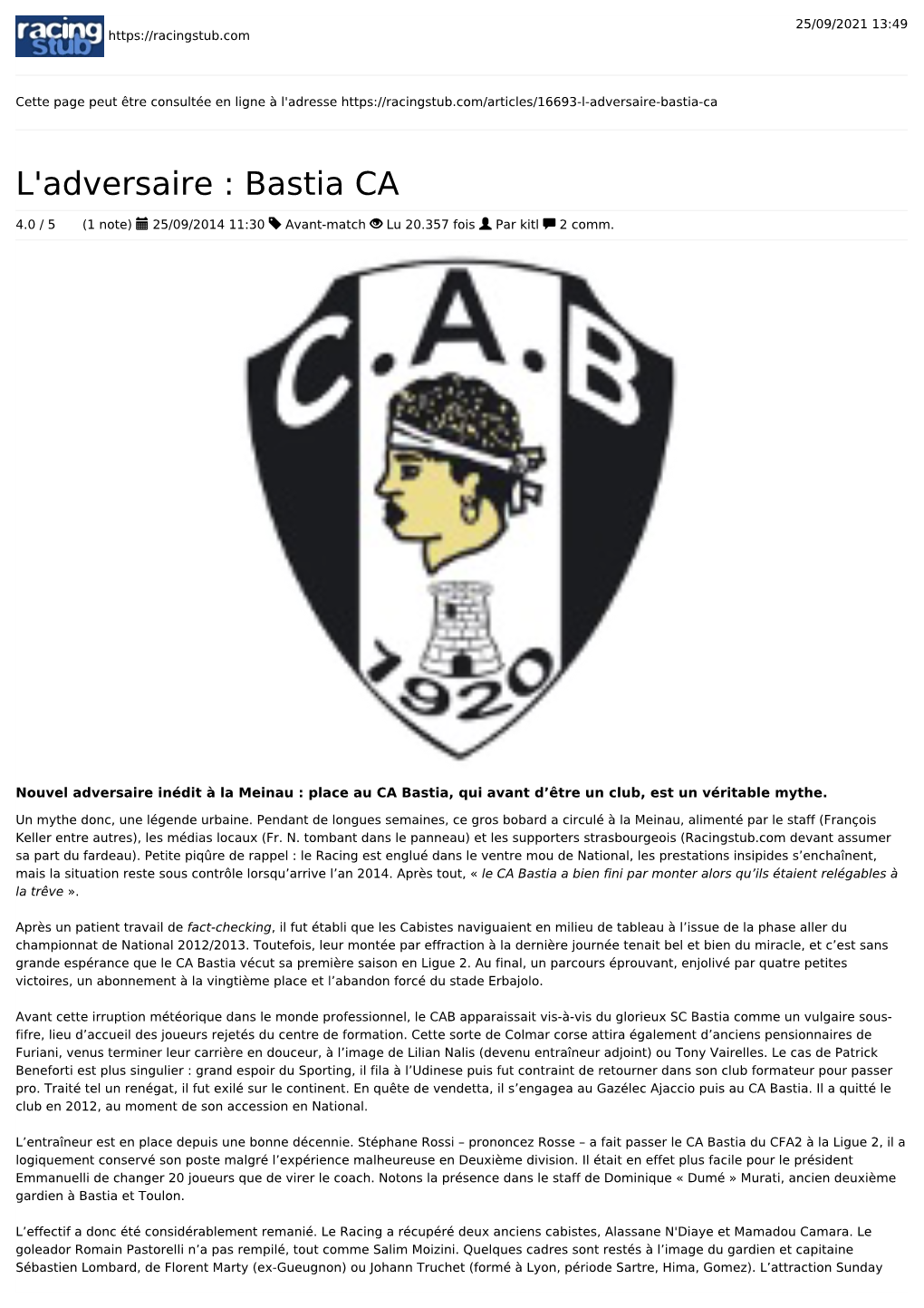 L'adversaire : Bastia CA