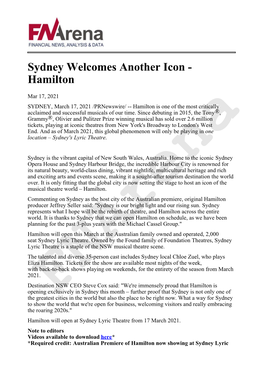 Sydney Welcomes Another Icon - Hamilton