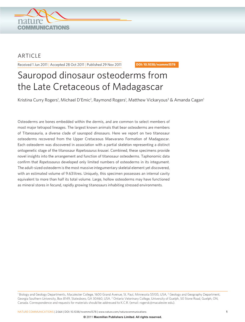 Sauropod Dinosaur Osteoderms from the Late Cretaceous of Madagascar