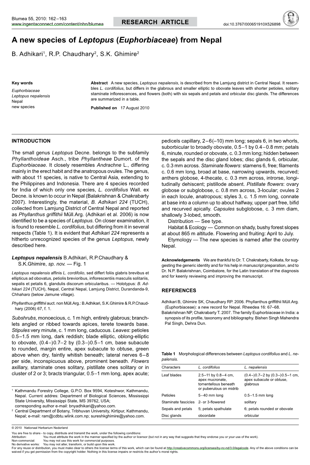 A New Species of &lt;I&gt;Leptopus&lt;/I&gt; (&lt;I&gt;Euphorbiaceae&lt;/I&gt;) from Nepal