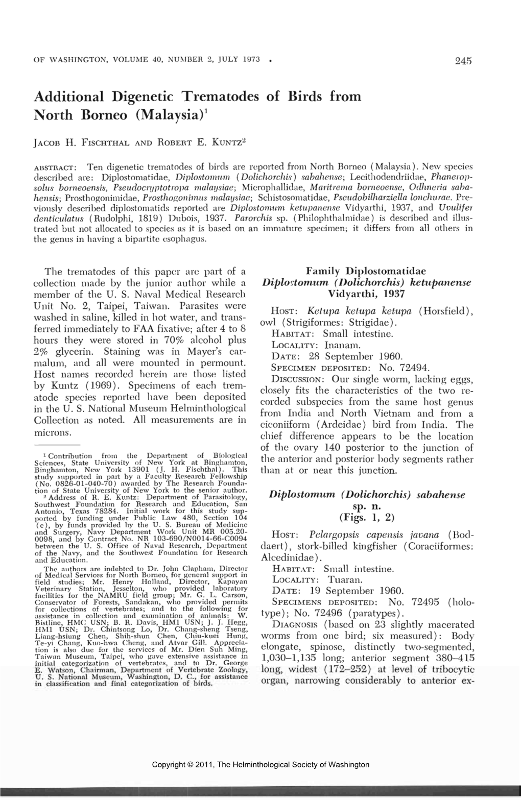 Additional Digenetic Trematodes of Birds from North Borneo (Malaysia)1