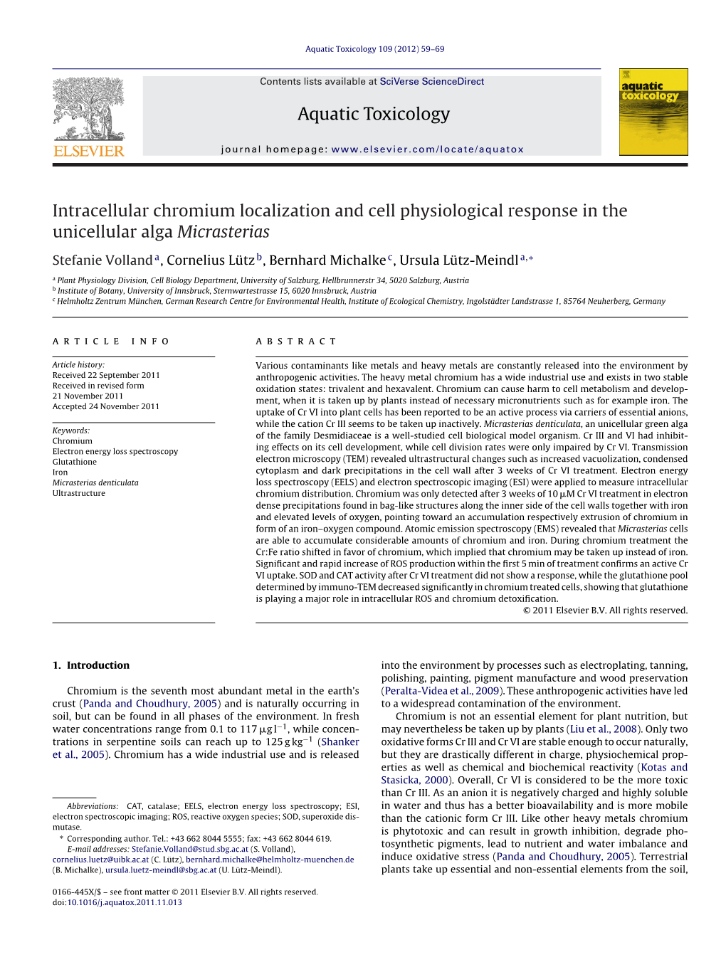 Intracellular Chromium Localization and Cell Physiological Response in the Unicellular Alga Micrasterias