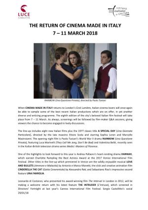 The Return of Cinema Made in Italy 7 – 11 March 2018