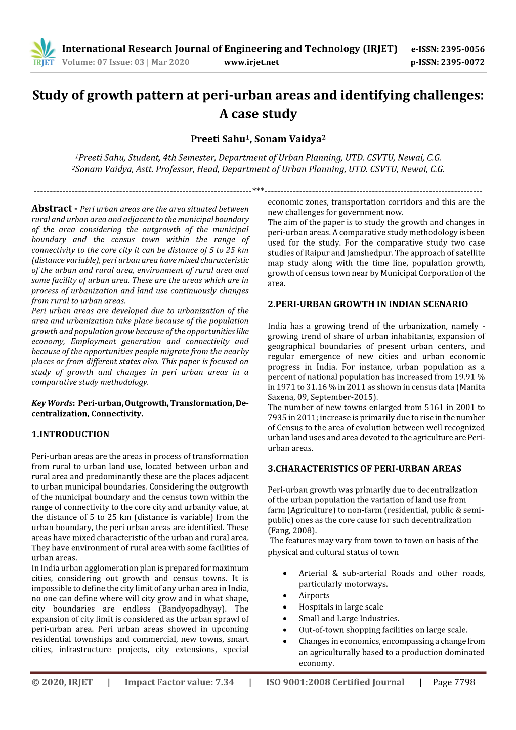 Study of Growth Pattern at Peri-Urban Areas and Identifying Challenges: a Case Study