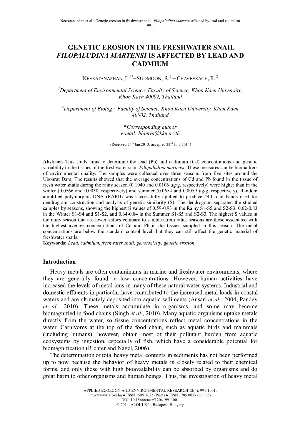 Genetic Erosion in the Freshwater Snail Filopaludina Martensi Is Affected by Lead and Cadmium