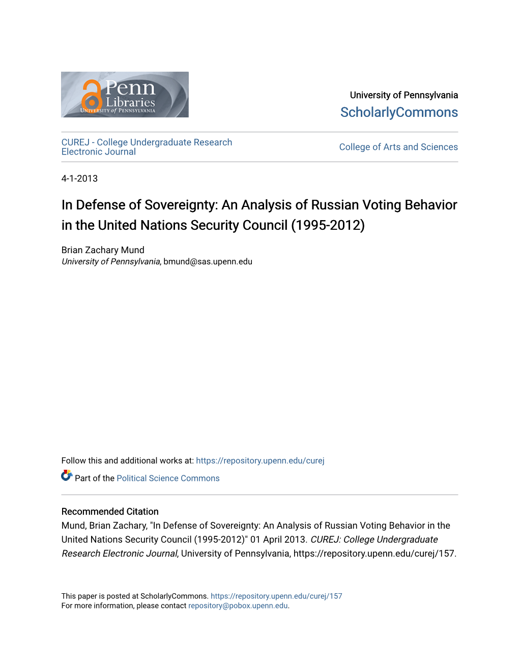 An Analysis of Russian Voting Behavior in the United Nations Security Council (1995-2012)