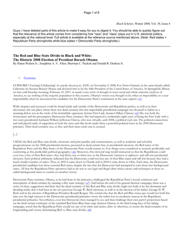 The Red and Blue State Divide in Black and White: the Historic 2008 Election of President Barack Obama by Hanes Walton Jr.; Josephine A