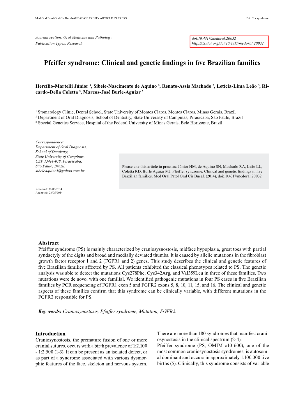 Pfeiffer Syndrome: Clinical and Genetic Findings in Five Brazilian Families