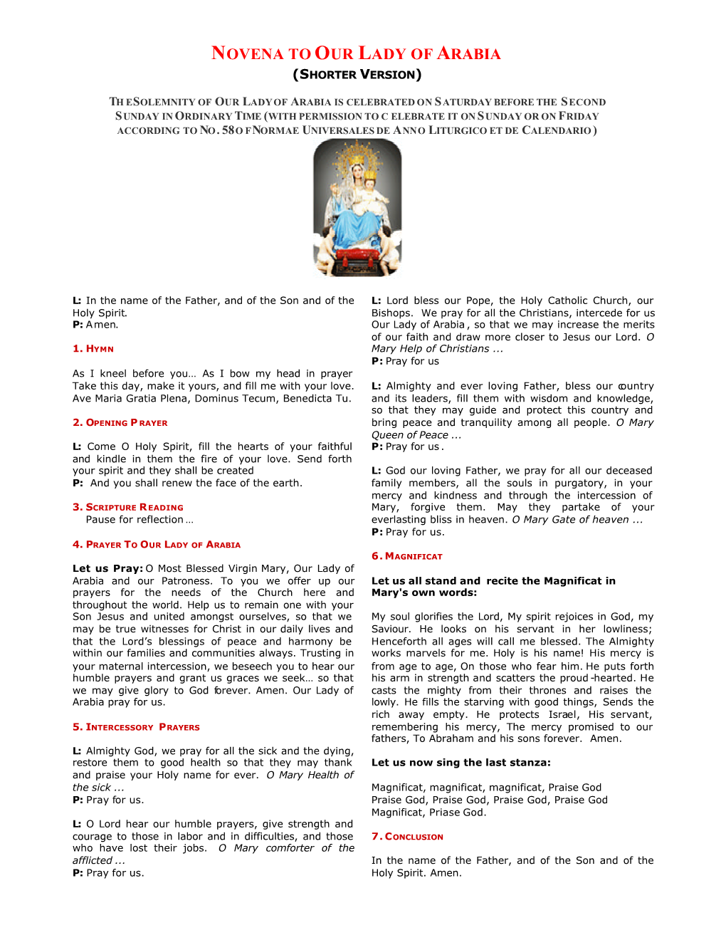 Novena to Our Lady of Arabia (Shorter Version)