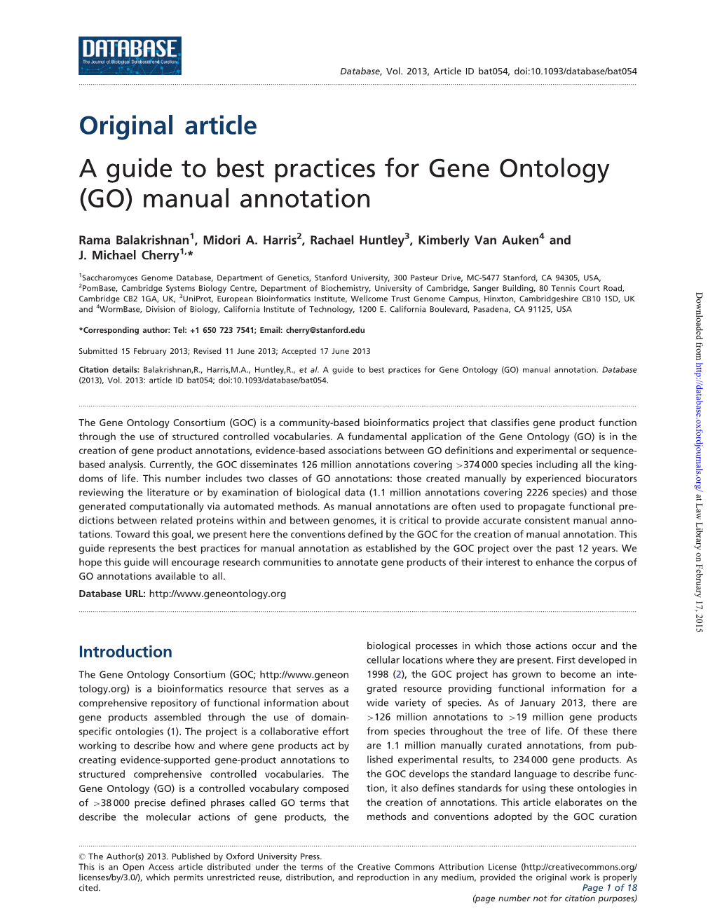 Original Article a Guide to Best Practices for Gene Ontology (GO) Manual Annotation