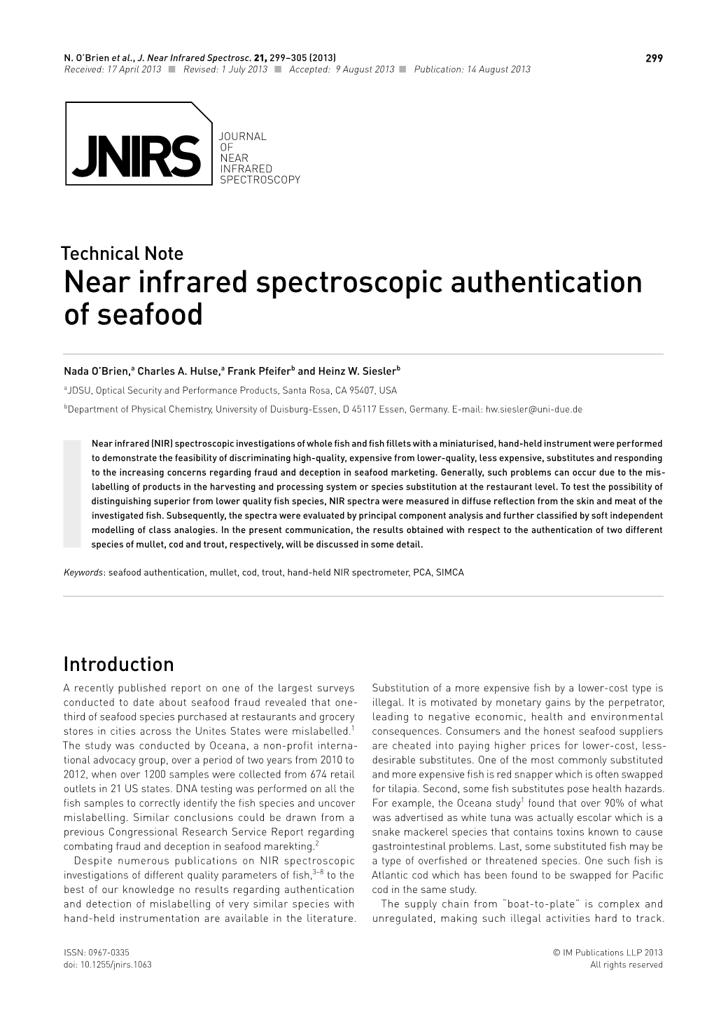 Near Infrared Spectroscopic Authentication of Seafood