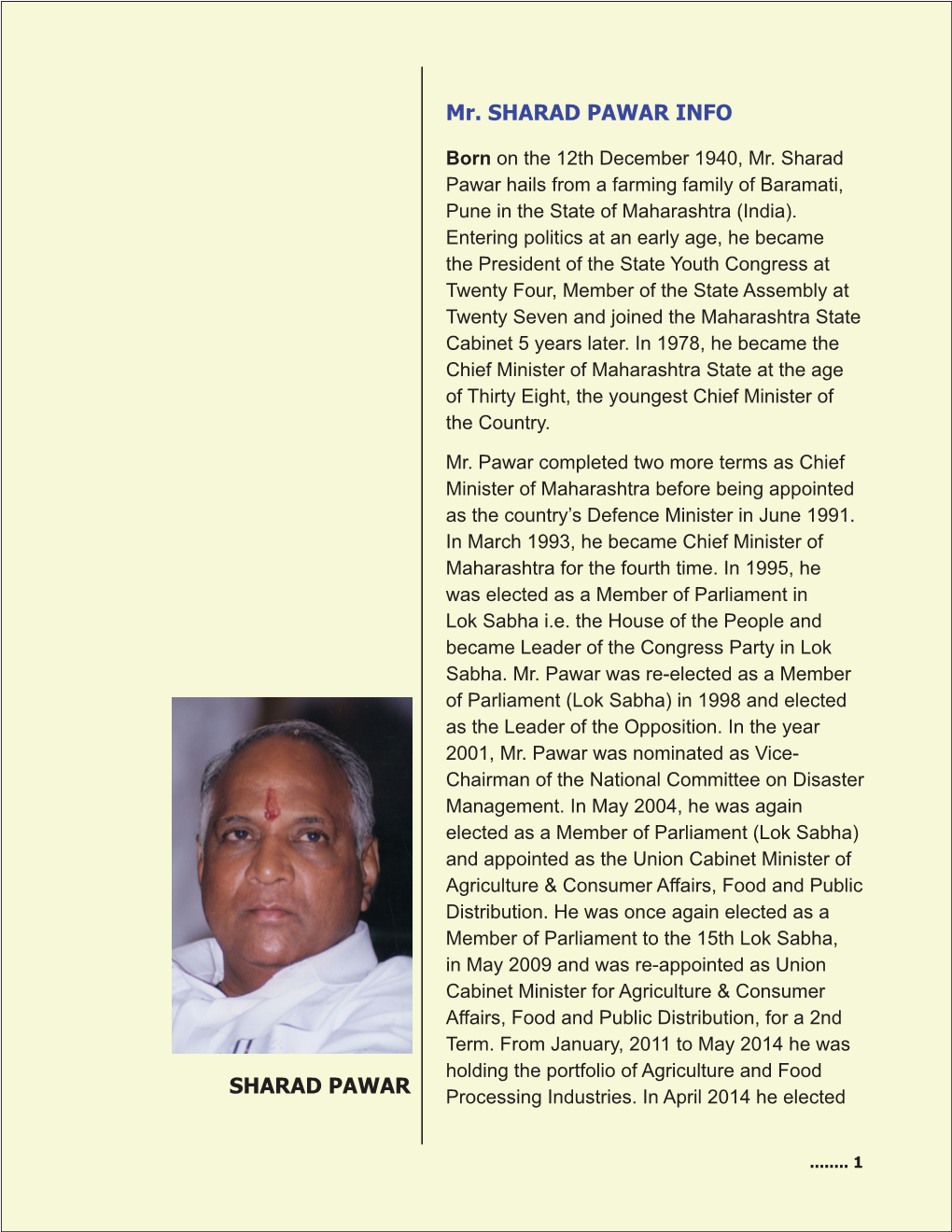 Mr. SHARAD PAWAR INFO