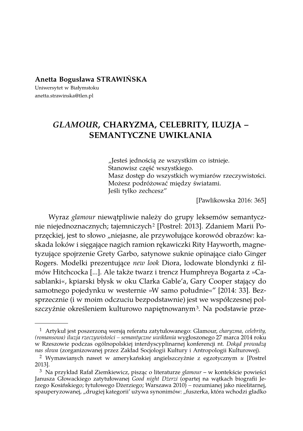 Glamour, Charyzma, Celebrity, Iluzja – Semantyczne Uwikłania