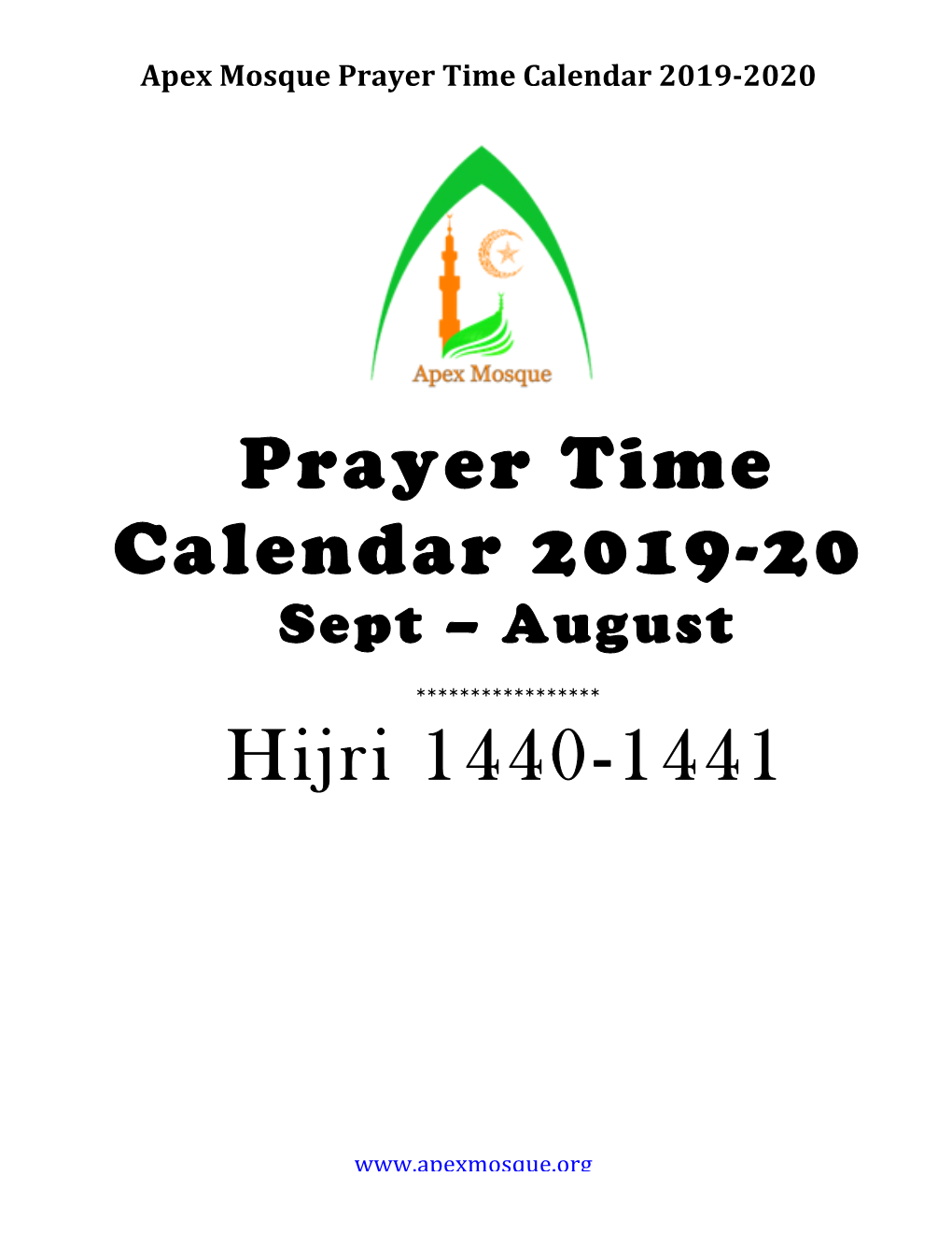 Prayer Time Calendar 2019-20 Hijri 1440-1441