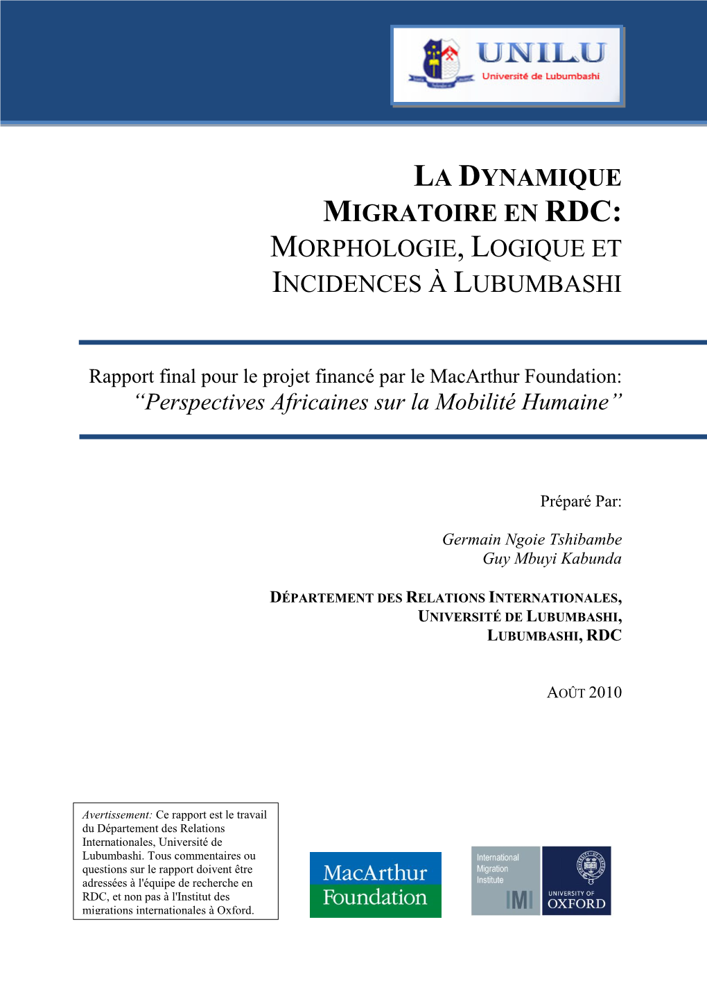 La Dynamique Migratoire En Rdc: Morphologie, Logique Et Incidences À Lubumbashi