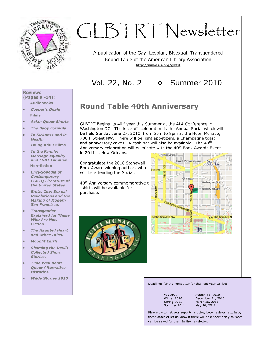 GLBTRT Newsletter, Vol. 22, No. 2, Summer 2010