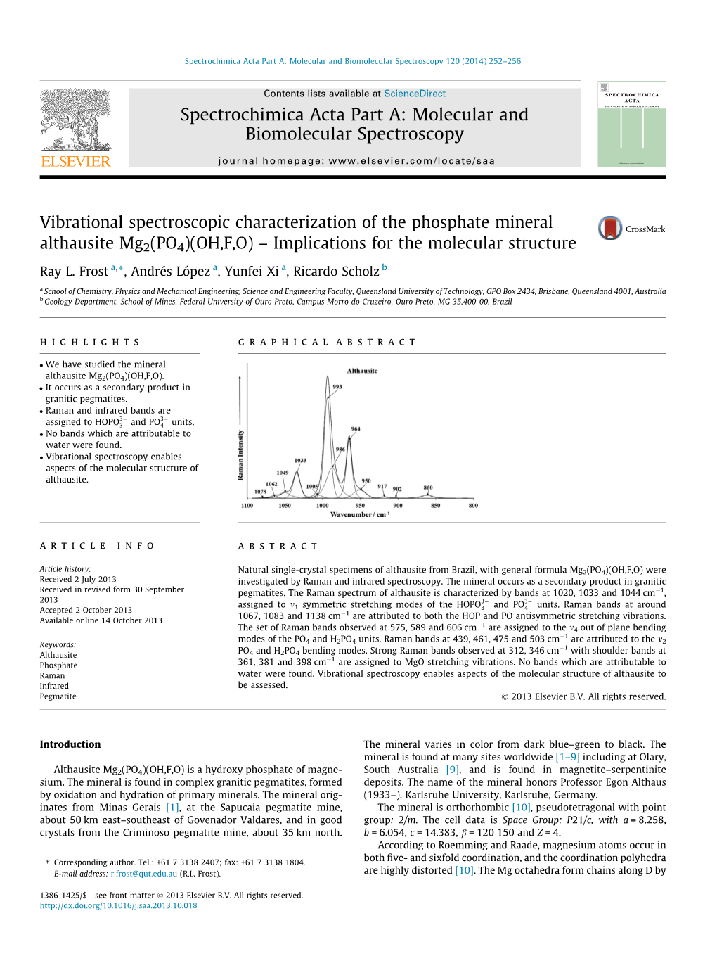 Vibrational Spectroscopic Characterization of the Phosphate Mineral Althausite Mg2(PO4)(OH,F,O) Â€“ Implications for the Mo