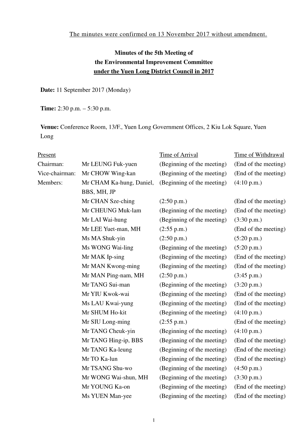 The Minutes Were Confirmed on 13 November 2017 Without Amendment