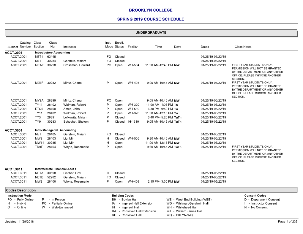 Brooklyn College Spring 2019 Course Schedule