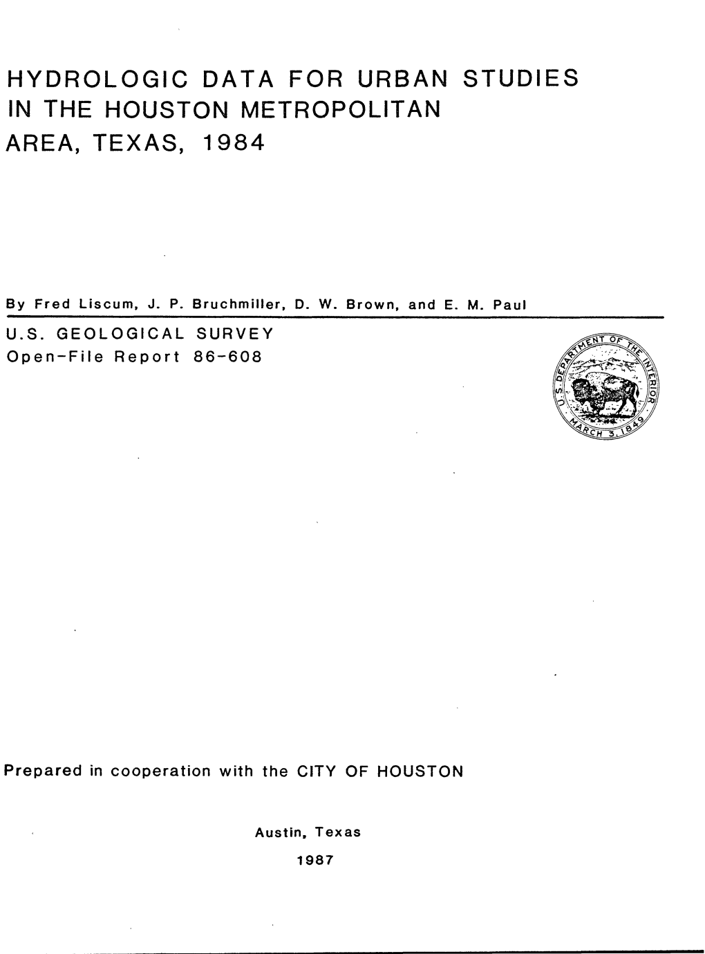 Hydrologic Data for Urban Studies in the Houston Metropolitan Area, Texas, 1984