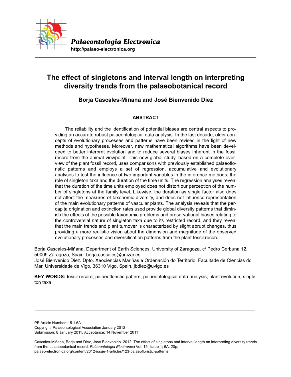 The Effect of Singletons and Interval Length on Interpreting Diversity Trends from the Palaeobotanical Record