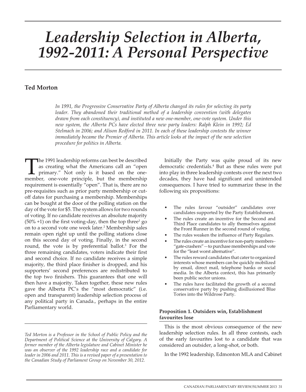 Leadership Selection in Alberta, 1992-2011: a Personal Perspective